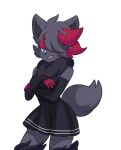  anthro anthrofied canid canine clothed clothing crossed_arms dress female fox hair hair_over_eye hi_res mammal nintendo one_eye_obstructed pok&eacute;mon pok&eacute;mon_(species) pok&eacute;morph simple_background smile solo unknown_artist video_games zorua 