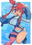  1girl :d blue_background blue_eyes blue_footwear blue_gloves boots border breasts gloves hand_up highres large_breasts looking_at_viewer midriff navel one_eye_closed open_mouth oversized_forearms oversized_limbs pokemon rariatto_(ganguri) red_hair skyla_(pokemon) smile solo standing standing_on_one_leg thigh_pouch thigh_strap topknot white_border zoom_layer 
