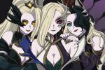  3girls :d ahri_(league_of_legends) animal_ears bangs bare_shoulders black_background black_gloves black_hair black_sclera blonde_hair breasts cleavage colored_sclera coven_ahri coven_morgana coven_zyra detached_sleeves elbow_gloves facial_mark fangs feathers fox_ears fox_tail gloves green_eyes hair_over_one_eye hands_up hiyari_(hiyarilol) large_breasts league_of_legends long_hair long_sleeves morgana_(league_of_legends) multiple_girls open_mouth pale_skin ponytail red_eyes shiny shiny_hair slit_pupils smile tail teeth upper_body upper_teeth whisker_markings yellow_eyes zyra 