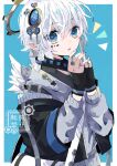  1boy angel angel_wings bloomminority blue_eyes braid fantasy fingerless_gloves gears gloves halo highres jewelry looking_at_viewer male_focus mechanical_halo mechanical_parts original pointy_ears ring startled steampunk white_hair wings 