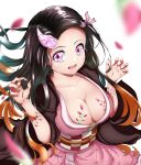 1girl bangs black_hair blush breasts checkered claw_pose cleavage collarbone commentary_request eyelashes falling_petals fingernails forehead hair_ribbon happy highres horns japanese_clothes kamado_nezuko kimetsu_no_yaiba kimono large_breasts lower_teeth multicolored_hair obi open_mouth orange_hair petals pink_eyes pink_kimono pink_nails pink_ribbon ribbon sash sharp_fingernails sharp_teeth simple_background single_horn slit_pupils solo standing tabi tattoo teeth tongue two-tone_hair user_smje8434 veins veiny_thighs white_background 
