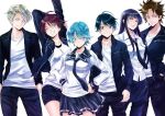  akitsuki_fuuka aoi_fuuka arm_behind_head arm_up black_hair black_jacket black_necktie black_pants black_shorts black_skirt blue_eyes blue_hair brown_eyes brown_hair closed_mouth collarbone collared_shirt dress_shirt fuuka grin hands_on_hips haruna_yuu iwami_sara jacket long_hair long_sleeves looking_at_viewer mikasa_makoto miniskirt nachi_kazuya necktie official_art one_eye_closed open_clothes open_jacket pants pleated_skirt red_hair seo_kouji shiny shiny_hair shirt short_hair short_shorts shorts silver_hair simple_background skirt smile standing straight_hair stretch white_background white_shirt wing_collar 