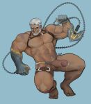  1boy abs aegir_(housamo) anchor aqua_hair bad_id bad_tumblr_id bara bare_pectorals beard blue_eyes chain chest_harness clothing_aside cum cum_on_penis dark-skinned_male dark_skin ejaculation erection facial_hair fins full_body harness holding large_pectorals leg_belt looking_at_viewer male_focus male_swimwear mature_male multicolored_hair muscular muscular_male navel navel_hair nipples o-raijin_(raijine_) pectorals penis short_hair smile solo stomach streaked_hair swim_briefs swimsuit swimsuit_aside thick_eyebrows thick_thighs thighs tokyo_afterschool_summoners uncensored white_hair white_male_swimwear 