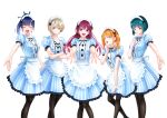  5girls :d ^_^ apron aqua_hair black_bow black_legwear black_ribbon blonde_hair blue_eyes blue_hair blue_shirt blue_skirt bob_cut bow closed_eyes closed_mouth facing_viewer frilled_skirt frilled_sleeves frills green_eyes green_ribbon hair_bow hair_ribbon half-closed_eyes high_ponytail highres hououji_akane long_hair looking_at_viewer maid maid_headdress makusawa_ouka megami_no_kafeterasu miniskirt multiple_girls neck_ribbon official_art ono_shiragiku outstretched_arm outstretched_arms pantyhose red_eyes red_hair ribbon seo_kouji shiny shiny_hair shirt short_hair short_sleeves silver_hair simple_background skirt smile standing striped striped_shirt striped_skirt tsukishima_riho tsuruga_ami twintails vertical-striped_shirt vertical-striped_skirt vertical_stripes very_long_hair waist_apron white_apron white_background 