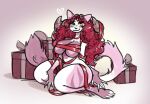  absurd_res anonymous_artist anthro big_breasts breasts domestic_cat felid feline felis female fur gift_wrapped hair heart_(marking) hi_res horn long_hair mammal rexa_(character) solo thick_thighs whiskers white_body white_fur 