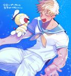  1boy bangs blonde_hair blush closed_eyes doraemon doraemon_(character) dotsuco granblue_fantasy hat incoming_hug male_focus open_hands open_mouth outstretched_arms pants sailor sailor_collar sailor_hat shirt short_hair smile spread_arms translation_request vane_(granblue_fantasy) white_pants white_shirt 