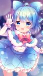  1girl absurdres adapted_costume bangs blue_background blue_bow blue_capelet blue_eyes blue_hair blue_skirt blush bow bowtie capelet cirno eyebrows_visible_through_hair eyes_visible_through_hair frills gloves hair_between_eyes hair_bow hand_up highres ice ice_wings long_sleeves looking_at_viewer open_mouth pink_bow pjrmhm_coa purple_background red_bow red_bowtie shirt short_hair skirt smile snowflakes solo touhou white_gloves white_shirt wings 