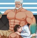  2boys abs aegir_(housamo) anchor_earrings aqua_hair bara beard blue_eyes blush brown_shorts couch dark-skinned_male dark_skin earrings facial_hair feet_out_of_frame fins highres hiota_(kuhi_0301) interracial jewelry lap_pillow large_pectorals male_focus master_4_(housamo) mature_male multicolored_hair multiple_boys muscular muscular_male navel nipples on_couch open_fly pectorals short_hair shorts sitting size_difference smile stomach streaked_hair tokyo_afterschool_summoners topless_male white_hair white_male_swimwear yaoi 