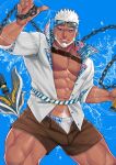  1boy abs aegir_(housamo) anchor aqua_hair bara beard blue_eyes brown_shorts bulge chain chest_belt dark-skinned_male dark_skin eyewear_on_head facial_hair feet_out_of_frame highres holding holding_anchor large_pectorals looking_at_viewer male_focus male_pubic_hair male_swimwear maorenc mature_male multicolored_hair muscular muscular_male navel navel_hair open_clothes open_fly open_shirt pectoral_cleavage pectorals pubic_hair reward_available shirt short_hair shorts smirk solo stomach streaked_hair sunglasses swim_briefs swimsuit swimsuit_under_clothes thick_thighs thighs tokyo_afterschool_summoners white_hair white_male_swimwear white_shirt 