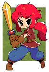 1girl black_eyes blue_pants blush boots border brown_footwear brown_shirt closed_mouth copyright_request fighting_stance green_background highres holding holding_sword holding_weapon looking_at_viewer multicolored_hair pants rariatto_(ganguri) red_hair shirt short_sleeves smile solo sword two-handed two-tone_hair weapon white_border 