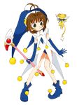  ._. 1girl :3 antenna_hair bangs bare_legs blue_footwear blue_gloves blue_headwear blue_leotard brown_hair cardcaptor_sakura closed_mouth coattails creature dot_nose elbow_gloves eyebrows_visible_through_hair full_body fuuin_no_tsue gloves green_eyes hair_intakes hat high_collar holding holding_wand jester_cap kero kinomoto_sakura leaning_forward legs_apart leotard looking_at_viewer looking_to_the_side open_hand pigeon-toed pointy_footwear shoes short_hair short_sleeves simple_background standing tareme tokoko wand white_background 