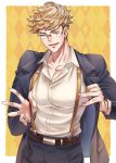  &gt;_o 1boy bangs bara belt black_jacket black_pants blonde_hair collared_shirt glasses granblue_fantasy green_eyes jacket lancelot_(granblue_fantasy) large_pectorals male_focus muscular muscular_male official_alternate_costume one_eye_closed open_clothes open_jacket pants parted_lips pectorals shirt short_hair smile solo suspenders undercut v-sil white_shirt 