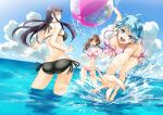  3girls :d akitsuki_fuuka ass ball bare_arms bare_legs beachball bikini black_bikini black_hair black_ribbon blue_eyes blue_hair blue_sky breasts brown_hair cleavage cloud collarbone contrapposto floating_hair front-tie_bikini front-tie_top fuuka high_ponytail iwami_sara jumping koyuki_hinashi long_hair looking_at_viewer looking_back medium_breasts multiple_girls navel ocean official_art orange_eyes pink_bikini pink_ribbon ribbon seo_kouji shiny shiny_hair short_hair side-tie_bikini sky smile standing straight_hair striped striped_bikini summer swimsuit very_long_hair wading wardrobe_malfunction 