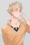  1boy bangs blonde_hair blush closed_mouth embarrassed granblue_fantasy green_eyes gucha_(netsu) hand_up looking_to_the_side male_focus orange_shirt shirt short_hair simple_background solo undercut upper_body vane_(granblue_fantasy) 