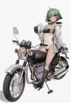 1girl black_footwear blush boots breasts cleavage green_hair gris_swimsuit ground_vehicle highres jacket kiritzugu leotard long_sleeves looking_at_viewer meme_attire motor_vehicle motorcycle navel original purple_eyes riding see-through shiny shiny_skin short_hair small_breasts smile solo standing underboob white_background 