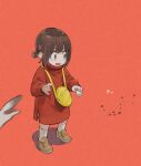  1girl bag bangs brown_eyes brown_hair child commentary_request dog dress eyebrows_visible_through_hair food food_on_face food_theft hair_ornament hairclip handbag highres holding holding_food jun_(seojh1029) original out_of_frame shoes short_hair socks sweater sweater_dress tied_hair 