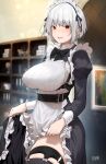  1girl blurry blurry_background bow bowtie breasts clothes_lift covered_nipples cowboy_shot dress framed_breasts frilled_dress frills from_side grey_hair harness highres indoors karinto_yamada large_breasts leg_garter lens_flare long_sleeves looking_at_viewer maid maid_headdress open_mouth original puffy_sleeves red_eyes short_hair sidelocks skirt skirt_lift smile solo thighhighs tight_top zettai_ryouiki 