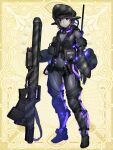  1girl anti-materiel_rifle barcode barcode_tattoo belt black_hair bodysuit camouflage chain_paradox closed_mouth covered_navel facial_tattoo full_body glowing gun headgear hetza_(hellshock) holding holding_weapon looking_at_viewer purple_eyes rifle science_fiction sniper_rifle solo standing tattoo vest weapon yellow_background 