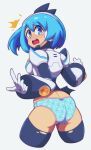  1girl android armor bangs blue_eyes blue_hair blush bodysuit breasts euf-dreamer eyebrows_visible_through_hair gloves headphones highres large_breasts mega_man_x_dive navigator open_mouth panties rico_(mega_man) side_ponytail simple_background solo torn_bodysuit torn_clothes underwear white_background white_gloves 