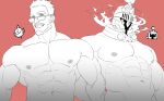  2boys abs aegir_(housamo) bara beard completely_nude cowboy_shot embers facial_hair fire glasses groin helmet large_pectorals male_focus mature_male multiple_boys muscular muscular_male navel nipples nude nywlub_(bulwyn) pectorals red_background short_hair smirk stomach surtr_(housamo) tokyo_afterschool_summoners upper_body 