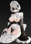  1girl absurdres alternate_costume apron arm_garter black_background black_blindfold black_gloves blindfold breast_curtains breasts covered_eyes cross_barby detached_sleeves english_commentary enmaided frilled_apron frills full_body garter_straps gloves highleg highres large_breasts leotard maid maid_headdress mell_(dmwe3537) mole mole_under_mouth nier_(series) nier_automata seiza short_hair silver_hair sitting solo thighhighs waist_apron white_apron wide_sleeves yorha_no._2_type_b 