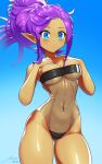  1girl :o absurdres alternate_hairstyle ass_visible_through_thighs bare_shoulders blue_eyes blush breast_suppress breasts cleavage contrapposto cowboy_shot dark_skin forehead gris_swimsuit hair_up hands_up highleg highleg_swimsuit highres large_breasts linea_alba medium_breasts meme_attire navel pointy_ears purple_hair revenantart see-through shantae shantae_(series) sidelocks signature skindentation sky solo strapless swimsuit tan thick_thighs thighs tube_top wide_hips 