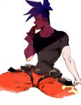 1boy biceps blue_eyes blue_hair eating galo_thymos highres male_focus mogy88428 no_jacket pizza_slice promare shirt sidecut sitting solo spiked_hair t-shirt 