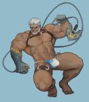  1boy abs aegir_(housamo) anchor aqua_hair bad_id bad_tumblr_id bara bare_pectorals beard blue_eyes bulge chain chest_harness dark-skinned_male dark_skin facial_hair fins full_body harness holding large_pectorals leg_belt looking_at_viewer male_focus male_swimwear mature_male multicolored_hair muscular muscular_male navel navel_hair nipples o-raijin_(raijine_) pectorals short_hair smile solo stomach streaked_hair swim_briefs thick_eyebrows thick_thighs thighs tokyo_afterschool_summoners white_hair white_male_swimwear 