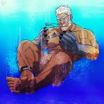  1boy abs aegir_(housamo) aqua_hair bara beard blue_eyes completely_nude convenient_leg dark-skinned_male dark_skin english_commentary facial_hair fingernails fins fish_boy full_body giant giant_male grin large_pectorals leomon32 male_focus mature_male multicolored_hair muscular muscular_male navel navel_hair nipples nude pectorals sharp_fingernails short_hair smile solo stomach streaked_hair submarine thick_eyebrows thick_thighs thighs tokyo_afterschool_summoners underwater watercraft white_hair 