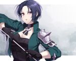  1girl 2021 armor bangs black_choker black_gloves black_shirt blue_hair breasts choker cleavage collarbone dated fire_emblem fire_emblem:_three_houses gloves green_jacket hair_between_eyes happy_birthday highres holding jacket large_breasts long_sleeves looking_at_viewer open_clothes open_jacket open_mouth purple_eyes shamir_nevrand shinae shiny shiny_hair shirt short_hair shoulder_armor solo 
