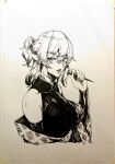  1girl bridal_gauntlets earrings highres jacket jewelry looking_at_viewer mizuhashi_parsee monochrome nail pointy_ears sketch sports_bra stank touhou 