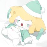  1:1 2021 blush bow_panties clothed_female clothing digital_media_(artwork) eyes_closed female green_clothing green_hat green_headwear green_topwear hat headgear headwear hi_res jirachi legendary_pok&eacute;mon lying nintendo no_pants not_furry on_back open_mouth panties pink_bow pok&eacute;mon pok&eacute;mon_(species) shaded simple_background simple_shading sleeping solo tongue topwear underwear video_games white_background white_body white_panties youjomodoki 