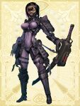  1girl armor belt black_hair black_mask bodysuit chain_paradox covered_navel full_body hetza_(hellshock) holding holding_weapon looking_at_viewer mask medium_hair mouth_mask purple_bodysuit purple_eyes science_fiction sheath sheathed solo standing sword tight weapon yellow_background 
