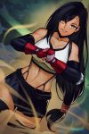  1girl artist_name belt black_hair black_skirt breasts brown_hair crop_top elbow_gloves english_commentary final_fantasy final_fantasy_vii final_fantasy_vii_remake fingerless_gloves gloves grin highres long_hair looking_at_viewer low-tied_long_hair medium_breasts meme navel red_eyes scumworkz skirt smile solo suspender_skirt suspenders tank_top teeth thighhighs tifa_lockhart white_tank_top 