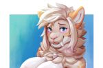  2022 anthro blue_background blue_eyes breasts fangs felid female fur hi_res light lighting looking_at_viewer mammal open_mouth open_smile pink_nose ruribec sabertooth_(anatomy) shaded simple_background smile solo tan_body tan_fur 