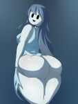  2019 big_breasts big_butt blue_hair bottomless bottomless_female bottomless_humanoid breasts butt butt_squish clothed clothing curvy_figure digital_media_(artwork) dress female fingers ghost gradient_background hair hb-viper hi_res holding_butt huge_butt humanoid legless long_hair looking_at_viewer looking_back nipple_outline not_furry rear_view signature simple_background smile solo spirit spooky&#039;s_jump_scare_mansion spooky_(sjm) squish thick_thighs voluptuous white_body white_skin wide_hips 