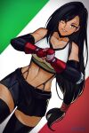  1girl absurdres black_hair black_skirt breasts brown_hair crop_top elbow_gloves final_fantasy final_fantasy_vii final_fantasy_vii_remake fingerless_gloves gloves highres italian_commentary italian_flag long_hair looking_at_viewer low-tied_long_hair medium_breasts navel red_eyes scumworkz skirt solo suspender_skirt suspenders tank_top thighhighs tifa_lockhart white_tank_top 