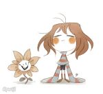  black_shorts blush boots brown_footwear brown_hair cape closed_mouth flowey_(undertale) frisk_(undertale) open_mouth petals phuijl plant shirt shorts single_eye smile striped striped_shirt tall toon_(style) undertale white_cape 