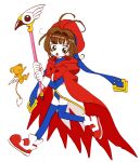  ._. 1girl :3 antenna_hair bangs beret blue_legwear blue_leotard blush_stickers bow brown_hair cape cardcaptor_sakura coattails creature d: dot_nose eyebrows_visible_through_hair full_body furrowed_brow fuuin_no_tsue gloves green_eyes hair_intakes hat holding holding_wand kero kinomoto_sakura leg_up leotard long_sleeves looking_at_viewer looking_to_the_side open_mouth red_bow red_cape red_footwear red_headwear running shoes simple_background sneakers tareme thighhighs tokoko two-tone_footwear wand white_background white_footwear white_gloves 