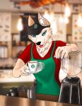  anthro apron apron_only barista beverage cafe canid canine canis clothed clothing coffee coffee_mug digital_media_(artwork) domestic_dog female fur furniture german_shepherd green_apron hat headgear headwear herding_dog hi_res husky lucareelo mammal mostly_nude nordic_sled_dog pastoral_dog smile solo spitz starbucks tongue ych_(character) 