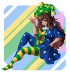  1girl alternate_color brazilian_flag brazilian_flag_dress brazilian_flag_legwear brown_hair clownpiece dress fairy fairy_wings hat highres jester_cap leggings long_hair neck_ruff pantyhose parody pink_eyes polka_dot short_sleeves solo spookoarts star_(symbol) star_print striped tan touhou wings 