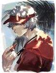  1boy absurdres ahoge arknights artist_name bishounen grey_eyes grey_hair hat highres jaye_(arknights) jaye_(beach_guard)_(arknights) looking_at_viewer male_focus red_shirt shirt short_hair sleepy tired upper_body visor_cap watermark whistle wolfhon_abz 