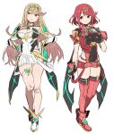 bangs bare_legs bare_shoulders black_gloves blonde_hair breasts chest_jewel cleavage cleavage_cutout clothing_cutout dress earrings elbow_gloves fingerless_gloves gloves highres jewelry large_breasts long_hair mythra_(xenoblade) pyra_(xenoblade) red_eyes red_hair red_legwear red_shorts shisoneri short_dress short_hair short_shorts shorts swept_bangs thigh_strap thighhighs tiara very_long_hair white_dress white_footwear white_gloves xenoblade_chronicles_(series) xenoblade_chronicles_2 yellow_eyes 