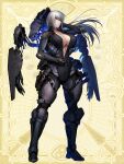  1girl armor black_bodysuit bodysuit breasts chain_paradox cleavage closed_mouth elbow_pads full_body grey_eyes grey_hair hetza_(hellshock) large_breasts long_hair looking_at_viewer power_armor science_fiction shoulder_pads solo standing yellow_background zipper 
