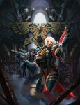  1boy 1girl 1other absurdres adepta_sororitas aiming ambiguous_gender armor astra_militarum bald bolter chain chained diego_gisbert_llorens facial_mark grey_eyes gun helmet highres lipstick makeup open_mouth pelvic_curtain red_lips rifle statue topless_male warhammer_40k weapon white_hair 