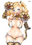  1girl alternate_costume animal_ears animal_hands animal_print ayuman bikini blonde_hair blue_eyes breasts claws commentary_request commission cowboy_shot drill_hair elbow_gloves fangs gloves honolulu_(kancolle) kantai_collection large_breasts long_hair looking_at_viewer paw_gloves print_bikini simple_background solo swimsuit tail thigh_gap thighhighs tiger_ears tiger_print tiger_stripes tiger_tail twin_drills twintails white_background 