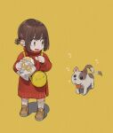  1girl bag bangs bread brown_eyes brown_hair child commentary_request dog dress eyebrows_visible_through_hair food food_on_face hair_ornament hairclip handbag highres holding holding_food jun_(seojh1029) melon_bread original shoes short_hair simple_background smile socks sweater sweater_dress tail tail_wagging tied_hair 