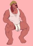 absurd_res anthro balls big_bulge bodily_fluids bulge canid canine canis clothed clothing doggonut domestic_dog genitals hi_res long_ears male mammal muscular muscular_anthro muscular_male musk pecs scar shirt simple_background smile smug solo sweat tank_top topwear underwear 
