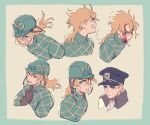  argyle argyle_sweater bandage_on_face bandages blonde_hair blood blood_on_face blue_eyes character_sheet cracked_skin diego_brando expressions gloves hat high_collar jojo_no_kimyou_na_bouken long_hair male_focus military_hat mullet official_alternate_costume scary_monsters_(stand) son_(skvnmn0) stand_(jojo) steel_ball_run sweater turtleneck 