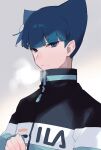  1boy alternate_costume bangs black_jacket blue_eyes blue_hair blunt_bangs breath closed_mouth cold grey_background jacket long_sleeves looking_down male_focus pokemon pokemon_(game) pokemon_dppt sa9no saturn_(pokemon) short_hair solo upper_body zipper_pull_tab 